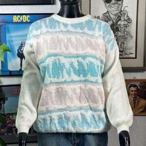 Vintage Pastel Fair Isle Sweater Soft Knit Blue Pink Cream Cozy Winter Pullover